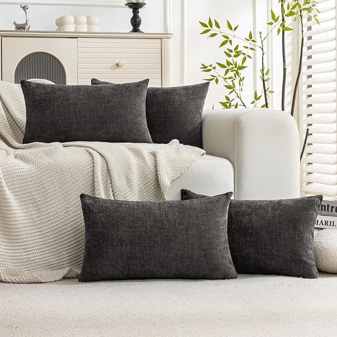 Set of 4 Soft Textured Decorative Throw Pillow Covers 12X20 Inch Cozy Farmhouse Cushion Cover Square Accent Pillow Cases for Bed Couch Sofa Living Room, Dark Grey