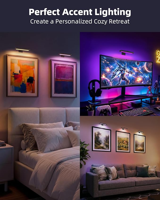 EZVALO RGB Picture Light for Wall, 2400mAh Wireless Rechargeable Color Changing Art Light with Remote, 16 Colors, Dimmable Magnetic LED Display Lights for Painting, Bedroom, Gaming Room (Black-3P)