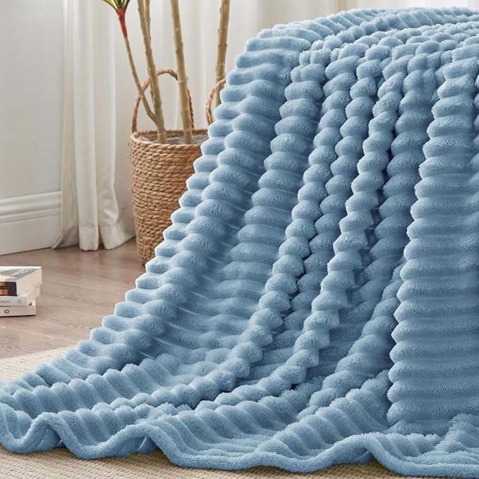 BEDELITE Ribbe Blankets Queen Size for Bed, Blue, 90"x90" | Ultra-Soft Plush Fleece, Warm Yet Lightweight, Ribbed Texture, Home Decor, Machine Washable, Giftable, All-Season Use