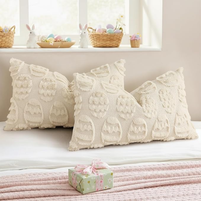 decorUhome Beige Faux Fur Egg Throw Pillow Covers 12x20 Set of 2 | Plush Soft Wool Jacquard Beige Cushion Covers, Modern Farmhouse Neutral Easter Holiday Decor Pillow Covers for Couch Sofa Bed