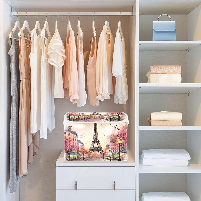 Watercolor Paris Storage Bins with Lids and Carrying Handle,Foldable Storage Boxes Organizer Containers Baskets Cube with Cover for Home Bedroom Closet Office