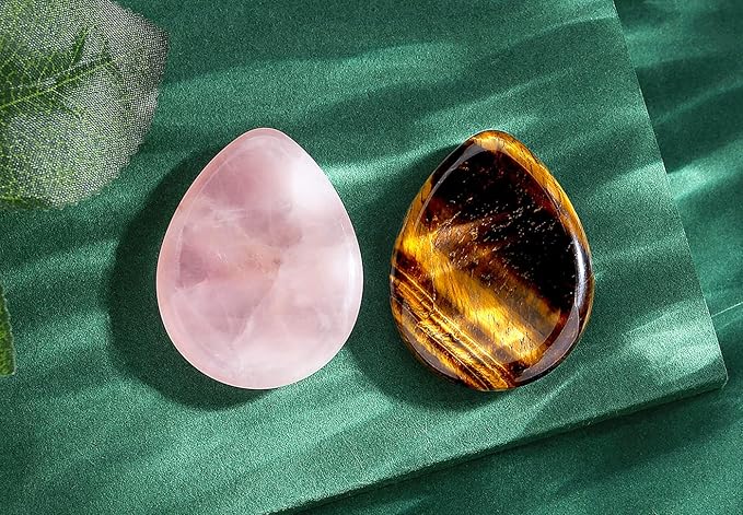 QINJIEJIE 2PCS Worry Stone Tiger's Eye Rose Quartz Crystals Sets Hand Carved Thumb Stones Pocket Gemstones Meditation Healing Crystal Reiki Natural Relax Palm Stone for Anxiety Therapy Relief