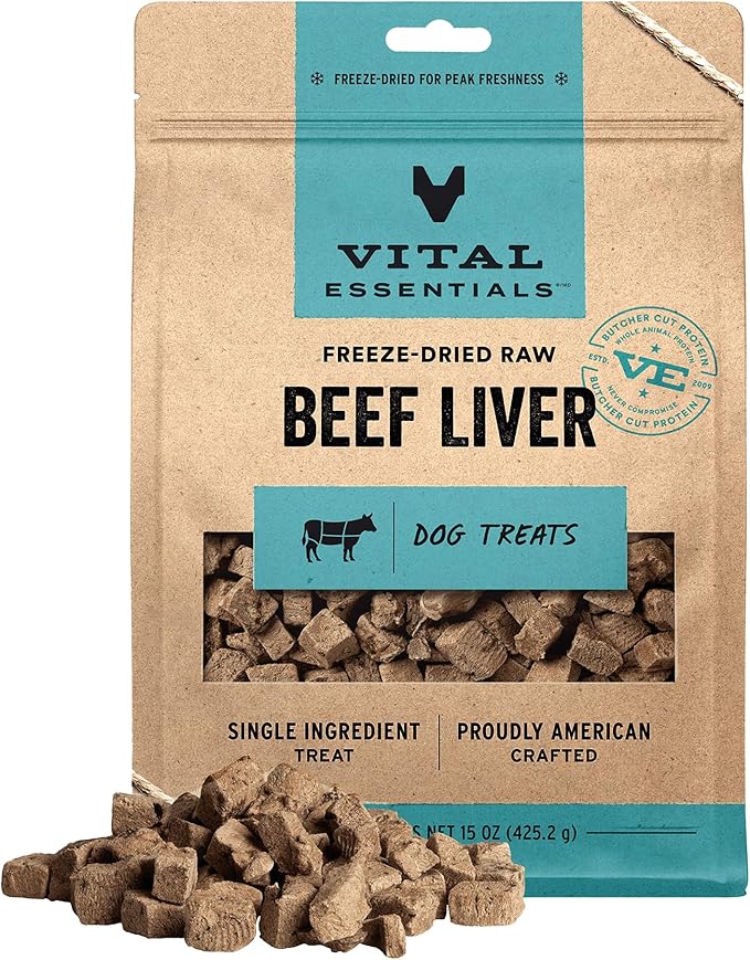 Vital Essentials Freeze Dried Dog Treats, Beef Liver, 15 oz Bag | Single Ingredient, Premium Quality, Grain Free Training Treats, USA Made with U.S. & Globally Sourced Ingredients