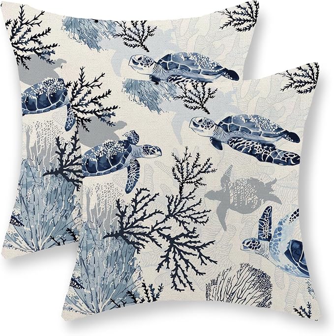 Nautical Coastal Pillow Covers 18x18 Set of 2 Beach Themed Ocean Coral Sea Turtle Decorative Throw Pillows Blue Outdoor Decor Pillow Cases Linen Farmhouse Cushion Case for Sofa Home Holiday