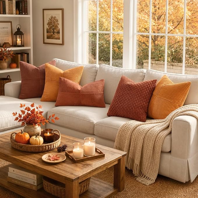MIULEE Fall Burnt Orange Decorative Throw Pillow Covers for Couch 20x20 in | 2 Pack, Boho Farmhouse Pillow Covers, Soft Cross Corduroy Patchwork Textured Cushion Cases For Bed Sofa