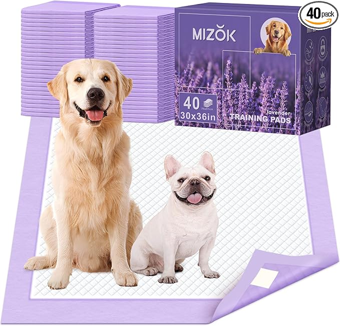MIZOK Dog Pee Pads Wee Wee Pads Lavender Odor Control XXL 30x36in 40Ct | Purple Doggy Pads with Sticky Adhesive Tabs Bring Soothing Comfort to Your Home for Medium to Large Breed Puppies
