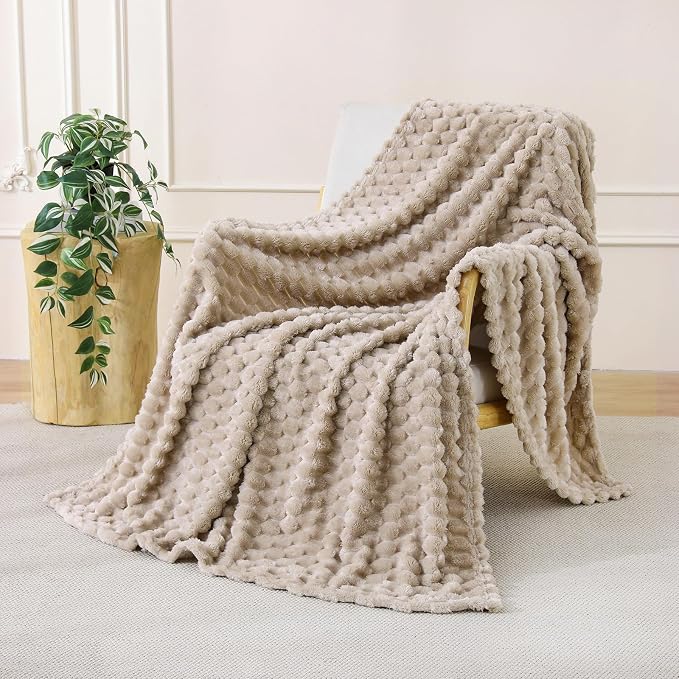 Beige Fleece Throw Blanket 50”×60” for Couch Sofa Bed | Super Soft Cozy Plush Microfiber Flannel Blanket with 3D Jacquard Decorative Lightweight for Mom Woman