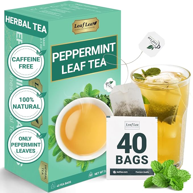 LeafLea Peppermint Tea Bags, Pure Single-Ingredient Mint Tea, 40 Count | Just Real Peppermint Leaves, Cool Refreshing Taste, Te De Menta, Caffeine-Free, Vegan, Individually Foil-Wrapped