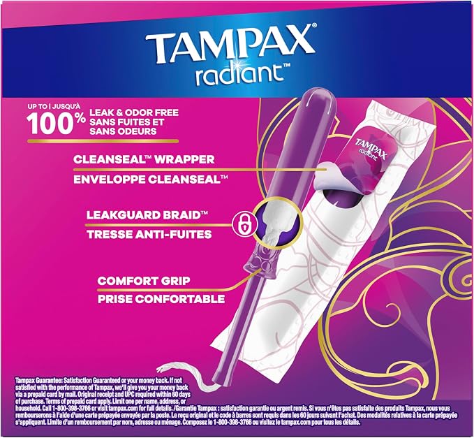 Tampax Radiant Tampons Multipack with Leakguard Braid, Regular/Super Absorbency, with Leakguard Braid, Unscented, 28 Count (Pack of 2)