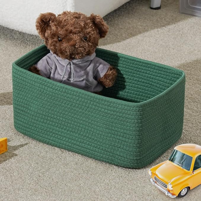 3 Pack Storage Baskets for Organizing, 13.7×9.5×6.3", Green | Woven Baskets for Shelves, Cotton Rope Basket for Gifts Empty, Closet Organizer Bins with Handles, Cube Decorative Box