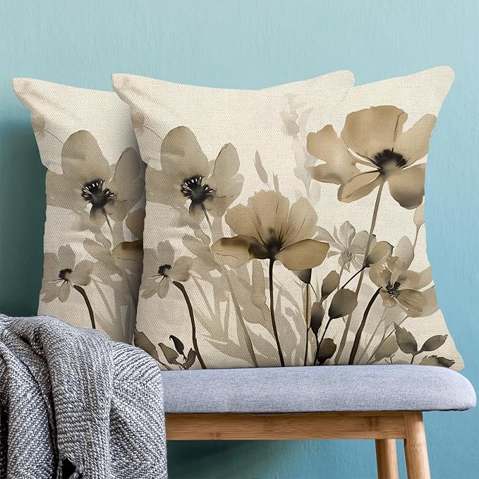 Spring Floral Pillow Covers 18x18 Inches Set of 2,Brown Floral Throw Pillow Covers Outdoor Summer Flower Decoration Pillowcase Farmhouse Decorative Square Linen Cushion Cover for Couch Sofa