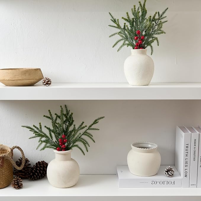 SIDUCAL Ceramic Rustic Farmhouse Vase | 6 Inch Pottery Decorative Boho Flower Vase for Home Decor, Table, Living Room, Bathroom Decoration, Shelf Decor, Mantel, Wedding, White