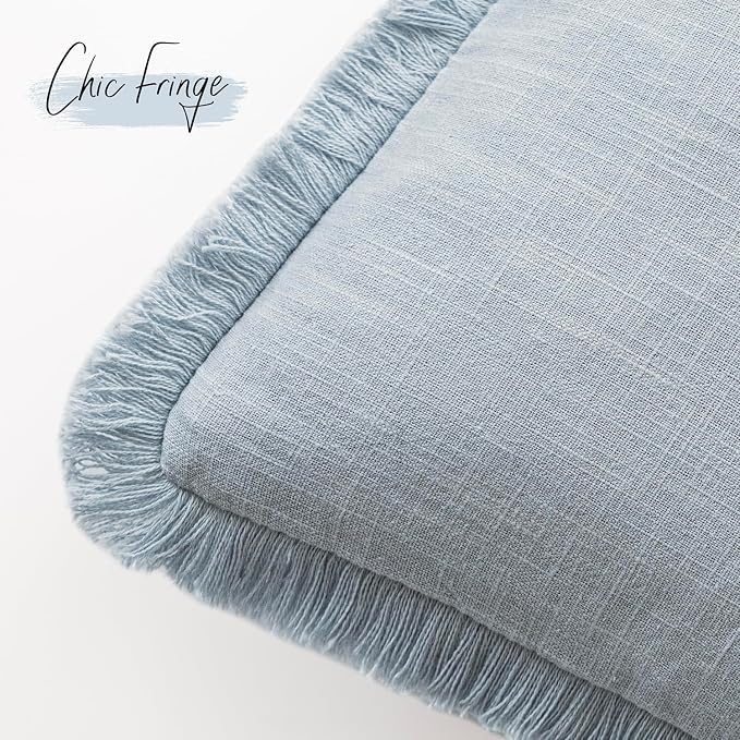 Foindtower Set of 2 Decorative Linen Fringe Throw Pillow Covers Boho Farmhouse Cushion Cover with Tassels Soft Accent Pillowcase for Couch Chair Sofa Bed Living Room Home Decor,16×16 Inch,Sky Blue
