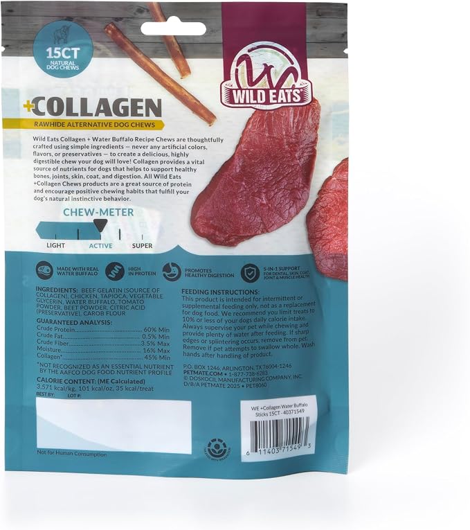 Wild Eats Water Buffalo Collagen Sticks for Dogs, Pack of 15, Long Lasting | Rawhide and grain free no hide chew treats, bully style alternative, 1 cm chew width, high protein, satisfies gnawing urges
