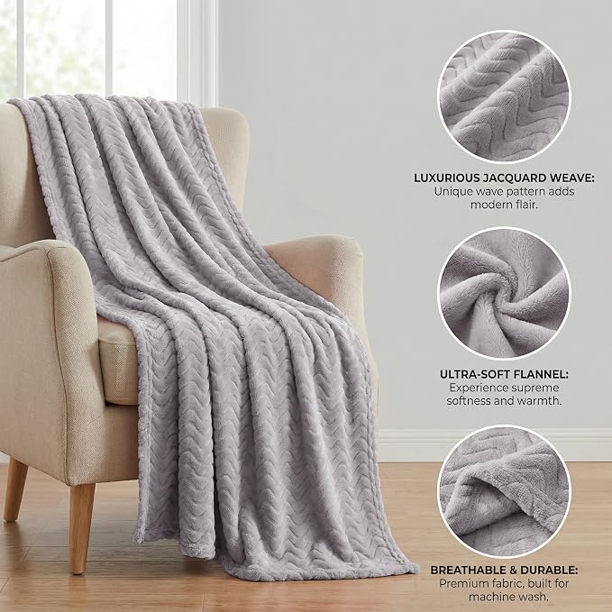 Exclusivo Mezcla Soft Fleece Blanket Queen Size for Bed, Sofa, Light Grey | 90"x90" Breathable Lightweight Flannel Blanket for Summer, Plush Cozy Jacquard Wave for Home Decor