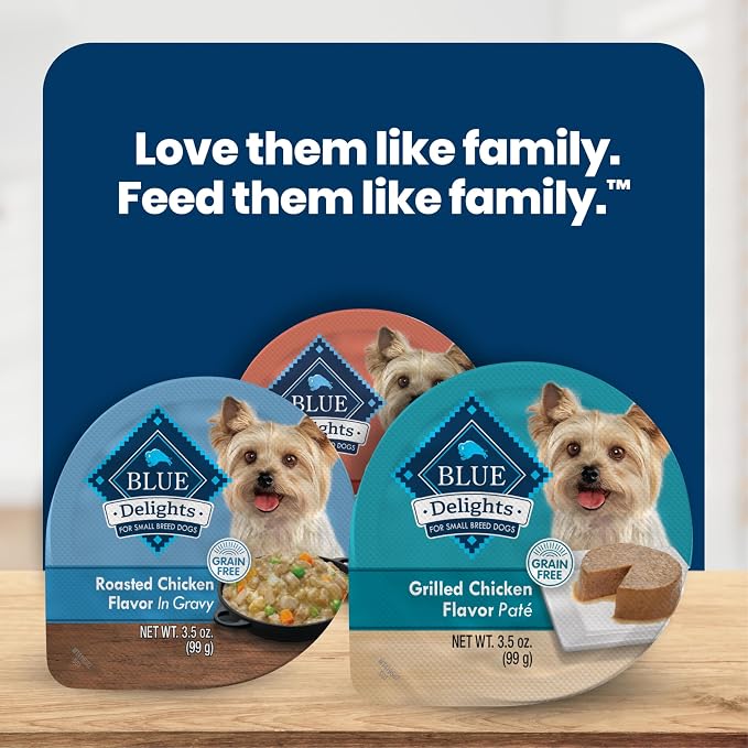 Blue Buffalo Delights Grilled Chicken Wet Dog Food, 3.5 oz, 12 ct | Small Breed Formula, Adult Formula, Grain-Free, Pate Style, Real Chicken First, in Savory Juice, No Corn, Wheat, or Soy