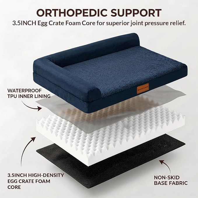 Patas Lague Orthopedic Large Dog Bed Washable Pet Sofa Bed 56X40 Navy Blue | 2-Sided Bolster Egg-Crate Foam Dog Couch Large Sized Dogs, Waterproof Removable Washable Cover, Nonskid Bottom Pet Crate Mat