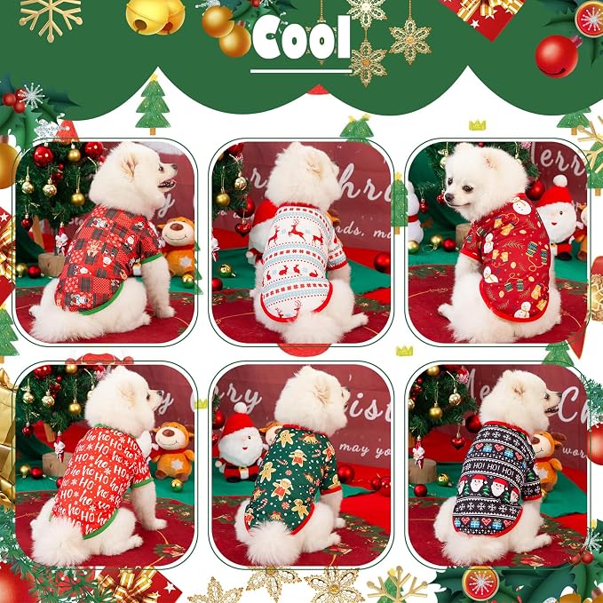6 Pieces Christmas Dog Clothes for Small Dogs, Soft and Breathable Pet Shirt, Winter Puppy Kitten Vest Printed Dogs Shirts, Christmas Snowman Santa Claus Reindeer Dog T-Shirts for Pet Cats
