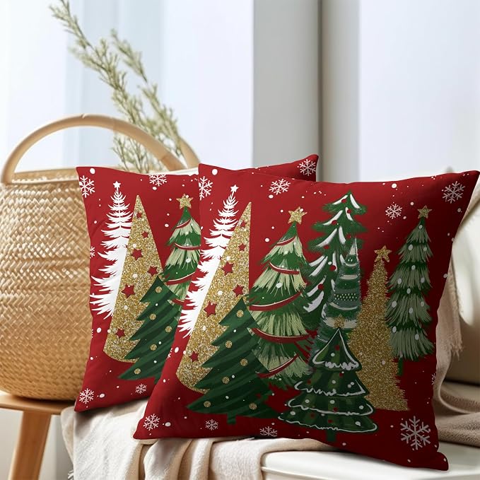 Kawani Christmas Tree Throw Pillow Covers 18x18 Inches, Set of 2 Gold Green Xmas Trees Red Decorative Square Pillowcase Cotton Linen Cushion Covers for Home Living Room Bed Sofa Car