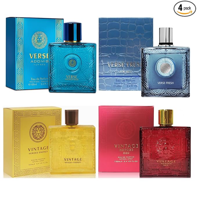 A CENTER Verse &Heroes Energy&Red Men's Cologne Gift Set | 4-Piece Luxury Eau de Parfum Collection 3.4 Fl Oz Each Perfume | Long Lasting Woody, Marine & Spicy Fragrance Portfolio