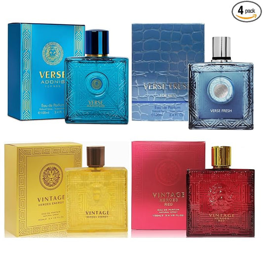 A CENTER Verse &Heroes Energy&Red Men's Cologne Gift Set | 4-Piece Luxury Eau de Parfum Collection 3.4 Fl Oz Each Perfume | Long Lasting Woody, Marine & Spicy Fragrance Portfolio
