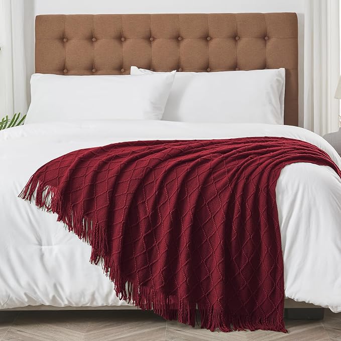 inhand Claret Knitted Throw Blanket for Couch and Bed, 50"x60" | Gifts for Mom from Daughter Son, Soft Lightweight with Tassel, Farmhouse Warm Decorative Blanket for Women, Cozy Knit