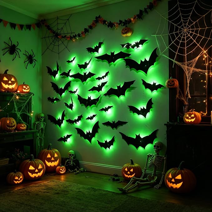 DR.DUDU 36 Pack Bats Halloween Decorations Indoor Bat Wall Decor | Light Up Green LED, Assorted Size, 3D Bat Stickers, for Bedroom Party Walls Bathroom Mirrors Garages Door, Indoor/Outdoor Use