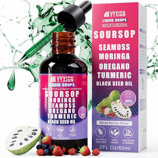 Soursop Bitters Liquid Drops 10 in 1 with Sea Moss, Moringa, Turmeric, Black Seed Oil, Oregano, Ashwagandha | Herbal Extracts for Overall Health-Enhancing |Vegan, Non-GMO| 2 Fl Oz(Mixed Berry Flavor)
