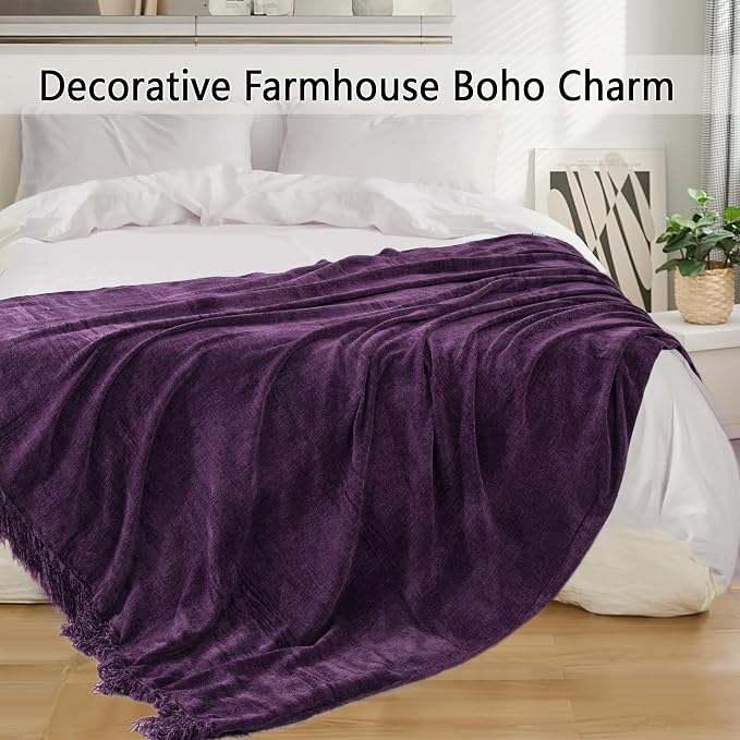 Chenille Throw Blanket for Couch 60" x 80" Twin, Dark Purple | Soft Cozy Warm Throws with Fringe Tassel, for Living Room Bed Sofa Chair Cover, Lightweight Knitted Decorative Boho Blankets