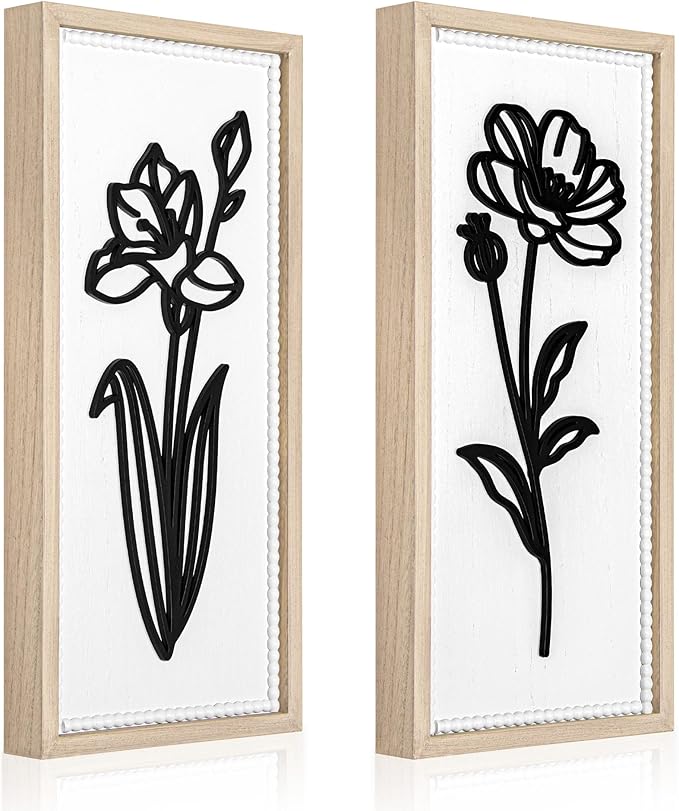 White Floral Bathroom Wall Decor Set of 2, Wood-Framed 3D Wall Art Panels | Raised floral cutouts in rectangular frames, ready to hang; neutral boho farmhouse decor for bedrooms, hallways and entryways