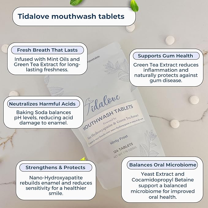 Tidalove Mouthwash Tablets - Alcohol-Free, Eco-Friendly, Travel-Friendly, with Nano-HA & Green Tea for Fresh Breath and Enamel Protection - 124 Tablets (Tin)