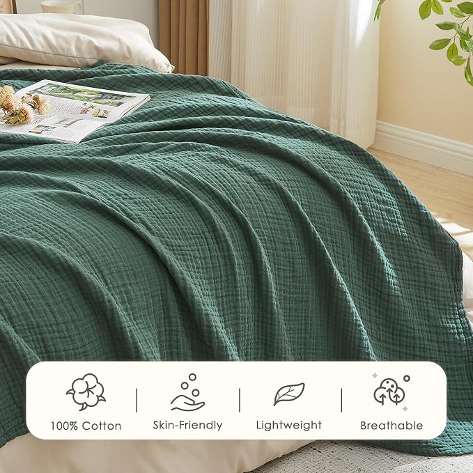 EMME Muslin Blankets for Adults Forest Green Small Blanket 40" x 50" | Throw Blanket for Couch Breathable Gauze Soft Lightweight Airy Light
