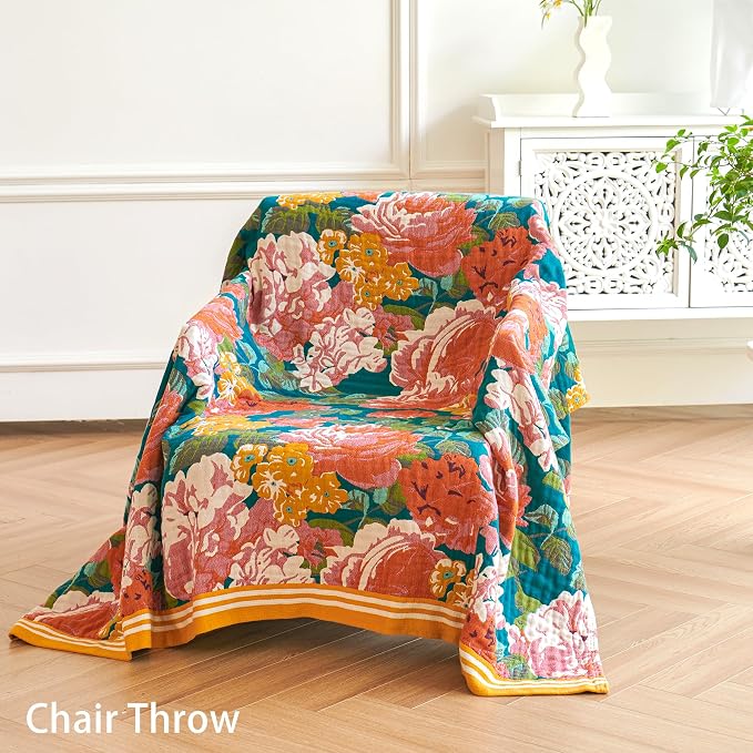 VANJOROY Boho Throw Blanket, 100% Organic Cotton Breathable Ultra Soft 60" x 80" Bed Quilt Throw - All Season Floral Rustic Farmhouse Decor Luxury Reversible Blanket for Sofa Couch Chair and Gift