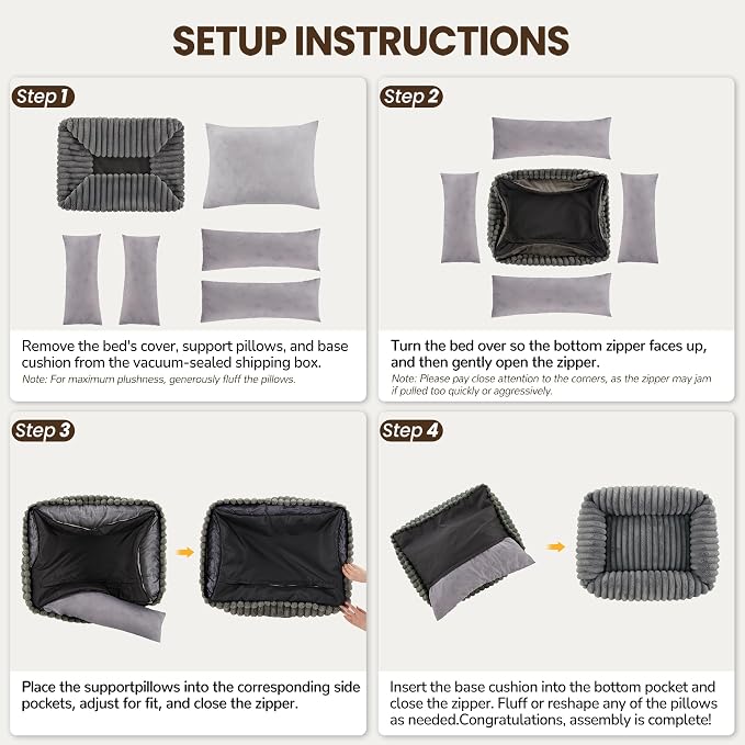 Washable Dog Bed Small Medium Size Dog, Rectangle Orthopedic Pet Bed for Car and Indoor,Fluffy Memory Foam Dog Beds with Anti-Slip Bottom, Grey (25x21x7 inches)