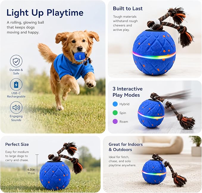 Interactive Dog Toy, with Birdsong Smart Herding Toy for Dogs E-TPU Material, IPX7 Waterproof, Blue