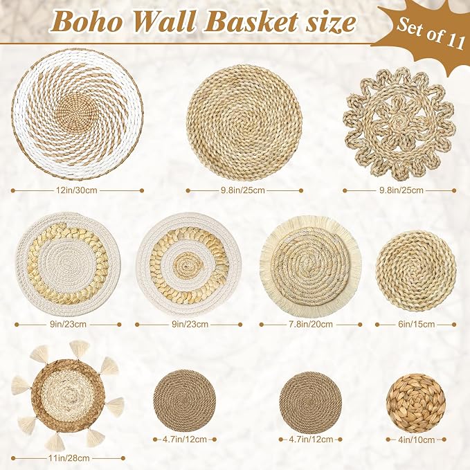 Set of 11 Boho Wall Basket Decor Wicker Woven Wall Basket Decoration | LOMOHOO Bohemian Handcrafted Round Basket Hanging Decor Bulrush Wall Art Decors for Living Room Rustic Home