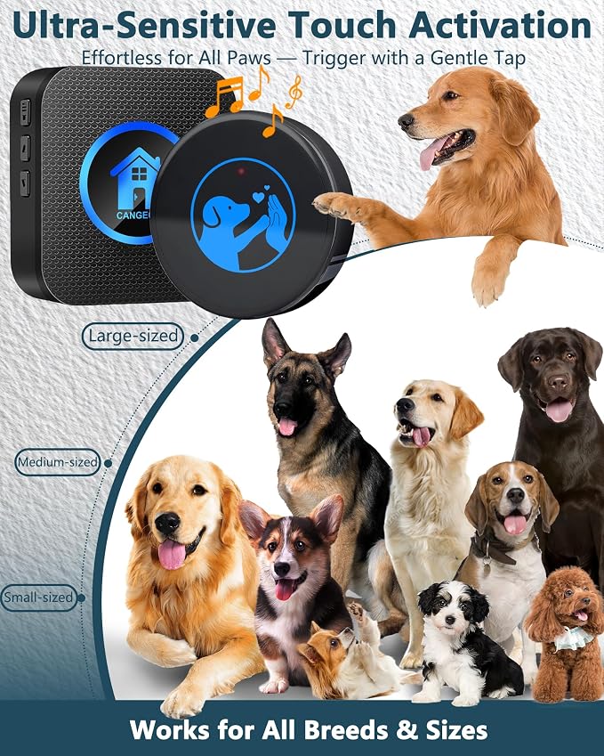 Dog Door Bell for Potty Training, Smart Wireless Doggie Doorbell to Go Outside, 1000 Feet Long Range with IP65 Waterproof Super-Light Touch Button, 60 Melodies & Adjustable Volume (2 Buttons)