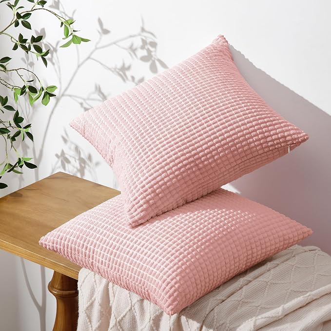 Softalker Corduroy Decorative Throw Pillow Covers 12x20, Set of 2, Pink | Soft Boho Striped Pillow Cases, Couch Fluffy Cushion Covers for Farmhouse Home Decor Bed Living Room