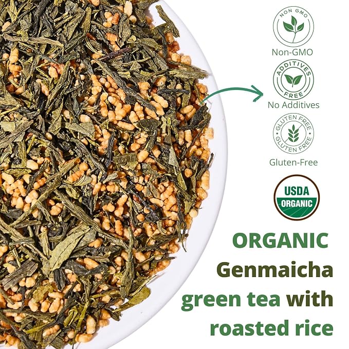 8oz Organic Genmaicha Green Tea with Roasted Rice, Genmaicha Tea Loose Leaf, Roasted Green Tea, Brown Rice Tea, Smooth Nutty Flavor