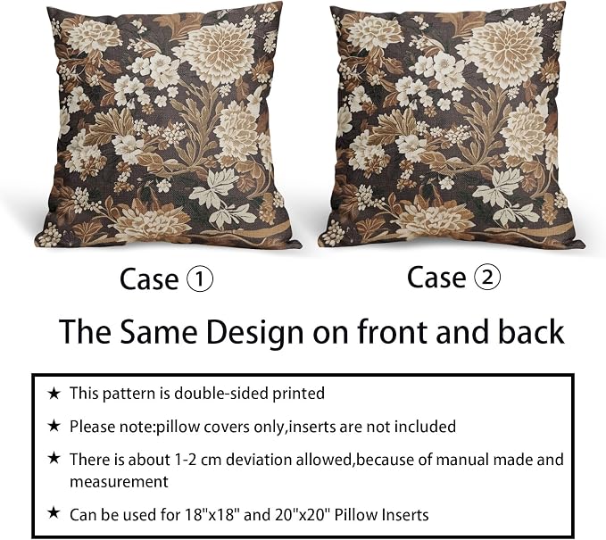 Vintage Floral Pillow Covers 20X20 Inch Set of 2 Boho White Flower Leaves Botanical Decorative Square Pillow Cases Brown Rustic Bohemian Cushion Case Farmhouse Home Decor for Sofa Couch
