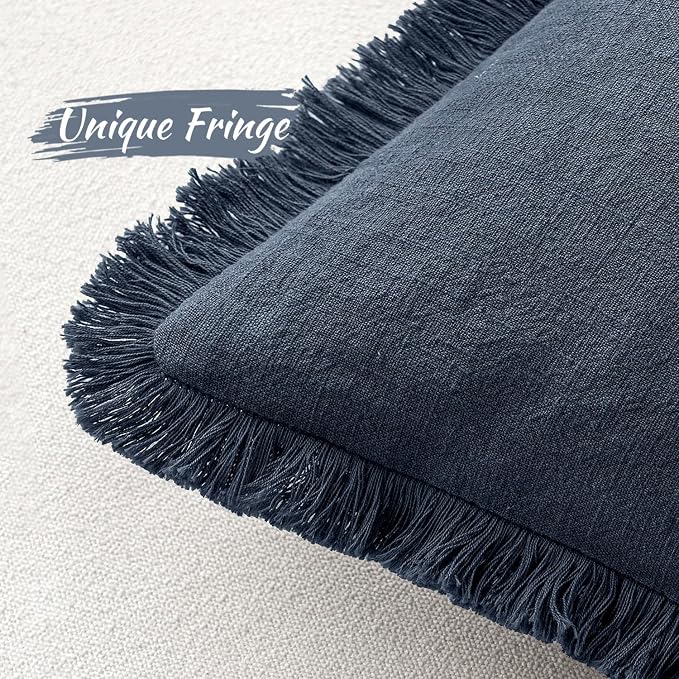 MIULEE Boho Linen Fringe Decorative Throw Pillow Covers Indigo Blue 18x18 | Set of 2, Cottagecore Decor, Boho Farmhouse Coastal Pillow Covers, Rustic Couch Cushion Cases for Sofa Bed Living Room