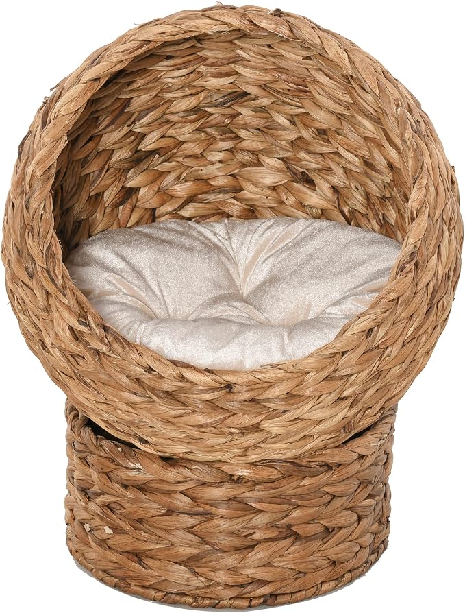 PawHut Handwoven Elevated Cat Bed for Indoor Cats 23.5" H Light Brown | Soft Cushion & Egg Chair Shape, Basket Bed Kitty House with Stand, Raised Wicker House