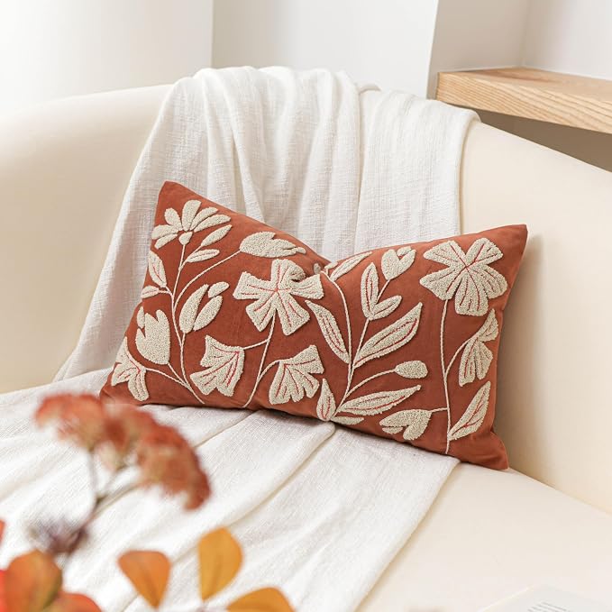 Lumbar Pillow Cover 12x20 Inch, Rust Terracotta Floral Tufted Velvet Decorative Accent Pillow Case for Sofa Bed Living Room, Cover Only