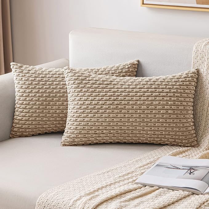 MIULEE Lumbar Decorative Throw Pillow Covers 12x20 Neutral Tan Corduroy | Textured Striped Pack of 2 Striped Pillow Covers Modern Farmhouse Fall Home Decor for Couch Bed Sofa Living Room