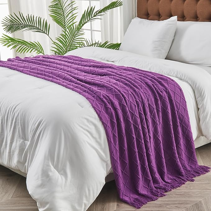 inhand Purple Knitted Throw Blanket for Couch and Bed, 50"x60" | Gifts for Mom from Daughter Son, Soft Lightweight with Tassels, Farmhouse Warm Decorative Blanket for Women, Cozy Knit