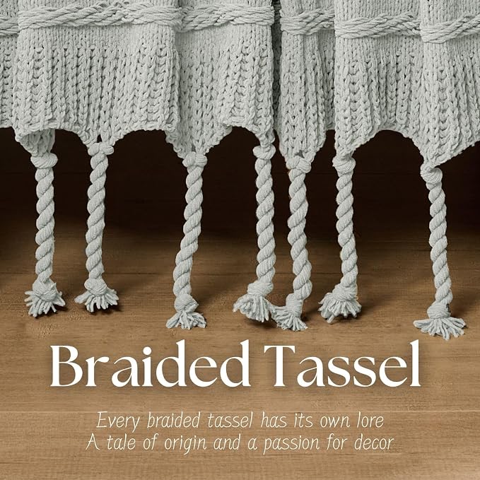 Boho Knitted Chenille Blanket with Tassels - Lightweight & Soft All-Season Throw - 3D Classic Pattern for Living Room Bedroom Couch, Silver Sage, Queen 90"x90"