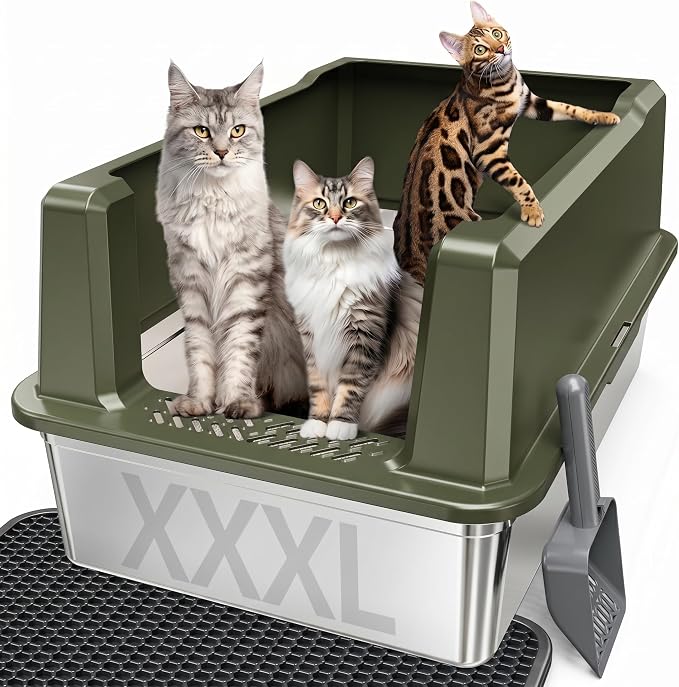 XXXL Stainless Steel Cat Litter Box with Lid, 26" L x 18" W x 12" H Metal Litter Box with High Sides for Big Cats & Multiple Cats, Never Absorbs Odors, Anti-Urine Leakage, Easy Cleanin(Green)