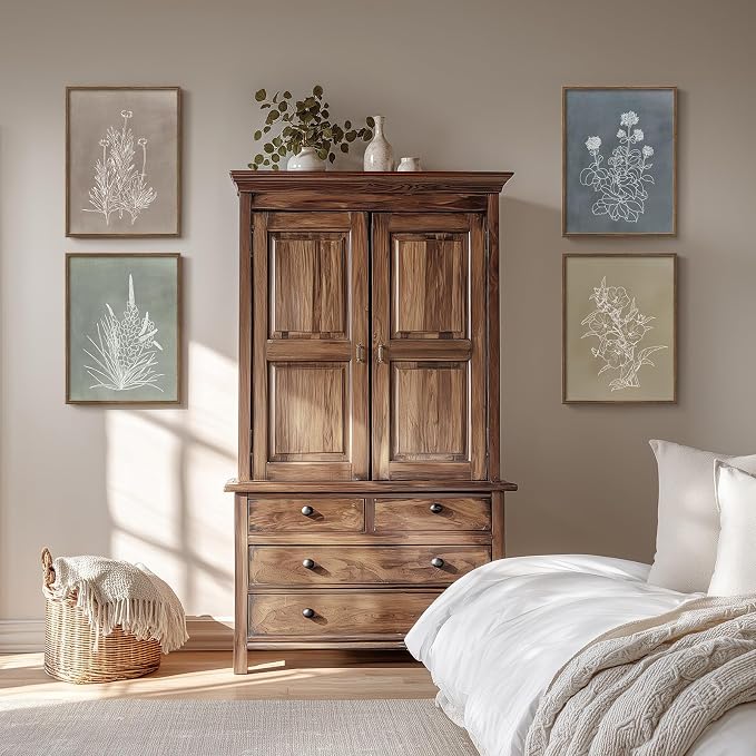 Framed Boho Neutral Botanical Wall Art for Living Room, 4 Piece 12x16 In | Rustic retro artwork, Floral pictures, Canvas prints, Vintage flower paintings, Modern farmhouse wall decor, Bedroom decor
