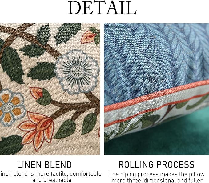 Vintage Linen Throw Pillow Cover,Set of 2,20"x12"-Naples C | Designer French Elegant Pillow Cover,Concealed Zipper Design,Floral Pattern,Sofa,Bedroom,Living Room,Lounge Chairs