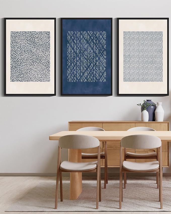 Drsoum Blue Mid-Century Modern Framed Wall Art Large 24x36in Minimalist Abstract Boho Wall Decor Geometric Artwork Kitchen Dining Room Black Framed